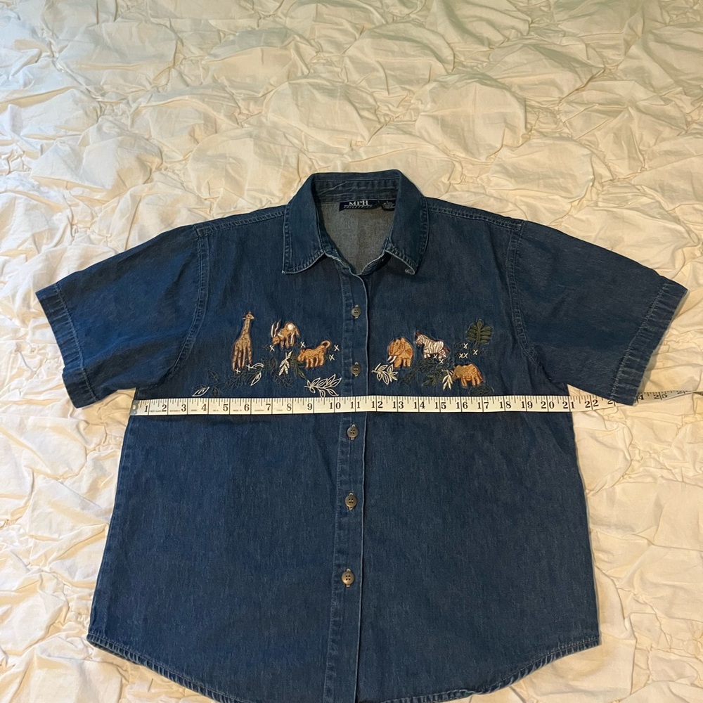 Denim Button Down Shirt with Embroidered Animals